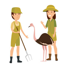 couple of workers zoo with ostrich