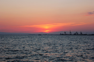 Fototapeta na wymiar Romantic sunset in the harbor of Thessaloniki Greece