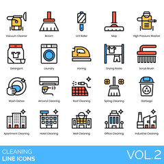 Cleaning icons including vacuum cleaner, broom, lint roller, mop, high pressure washer, detergent, laundry, ironing, drying racks, scrub brush, wash dishes, aircon, roof, spring, garbage, apartment.