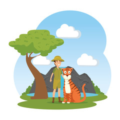 man worker of zoo with tiger in the landscape