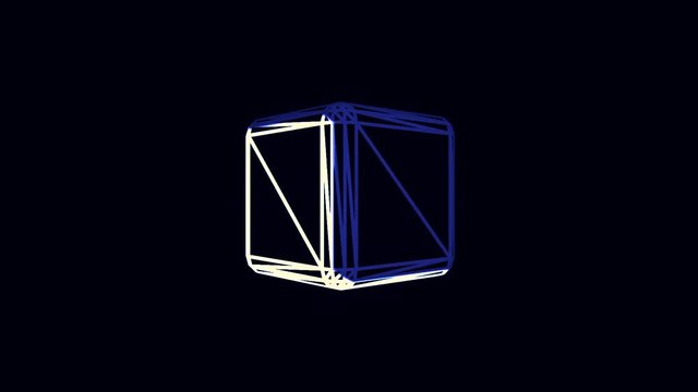 Abstract neon cube edges rotating chaotically, distortings shapes on black background. White and blue volume geometrical figure spinning, getting closer and flying away.