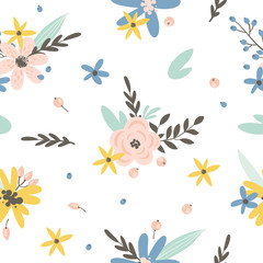 Seamless pattern with flowers, leaves and berries. Vector spring template. Design for paper, cover, fabric, interior decor