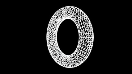 Abstract, white, circle shape geometrical figure rotating on black background. Volume illustrated, transparent ring spinning, monochrome.