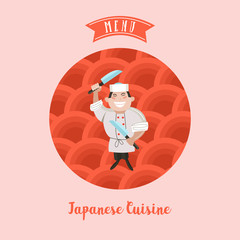 Japanese cuisine. Traditional Japanese dish. Chefs Japanese. Vector illustration in cartoon style.