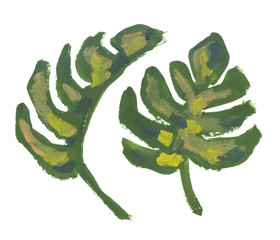 Set of two palm tree leaves. Artwork in bright green gouache paint on clean white background