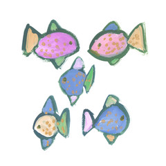 Set of abstract colorful fish hand painted on white background