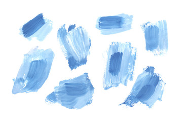 Blue textured paint brush strokes on clean white background