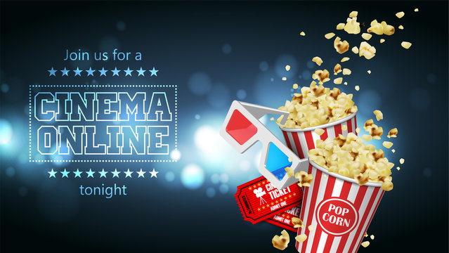 Advertising for the film industry. Popcorn, glasses and tickets. 3D vector. High detailed realistic illustration