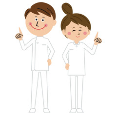 ポップな介護士の男女が指差し