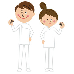 ポップな介護士の男女がガッツポーズ