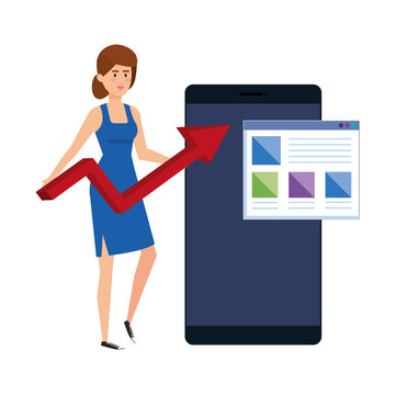 young woman with smartphone and statistics arrows