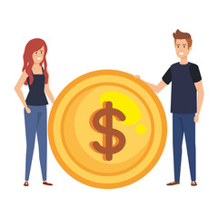 young business couple with coin money