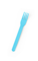 blue plastic fork on isolated white background