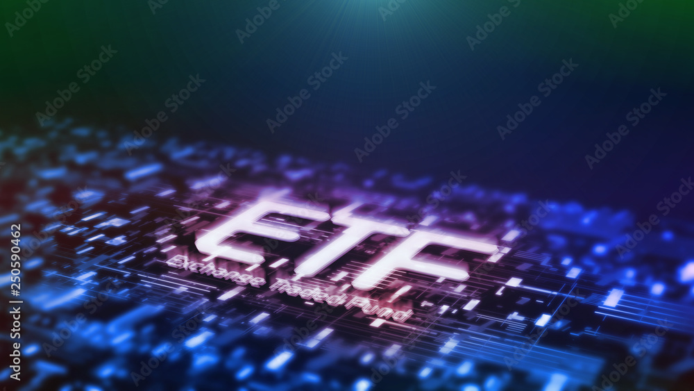 Poster 3d rendering of exchange traded fund (etf) text on abstract technology binary data element concept. 