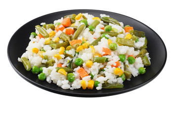 black plate with white rice, green peas, canned corn kernels, cut green beans isolated on white background