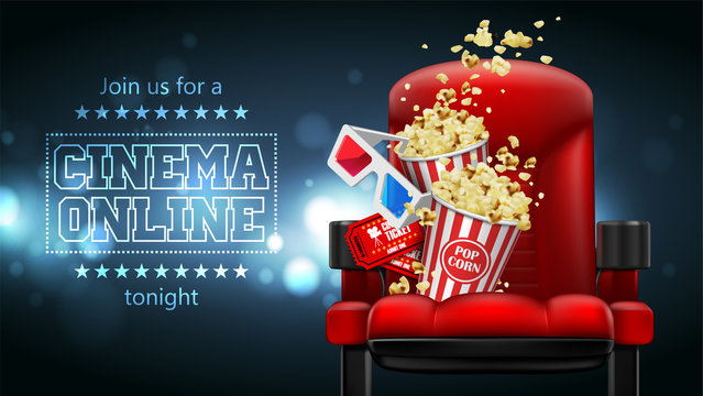 Advertising for the film industry. Theater chair, popcorn, glasses and tickets. 3D vector. High detailed realistic illustration