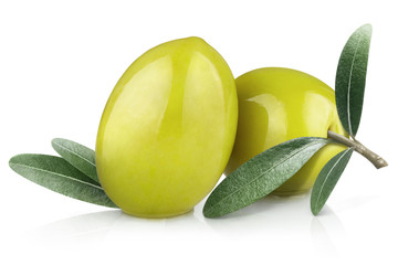 Two green olives with leaves, isolated on white background