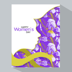 Happy women's day. March 8. Elegant greeting card design with illustration of a girl's face  on a background of  irises. 