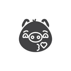 Piggy face blowing a heart kiss emoticon vector icon. filled flat sign for mobile concept and web design. Kissing piggy face emoji glyph icon. Pig year zodiac symbol, logo illustration.