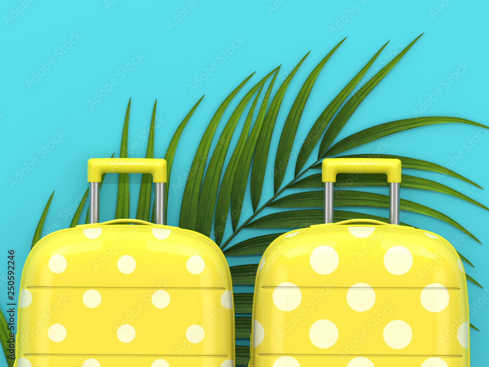 Wall mural 3d render of two suitcases lying on palm leaf