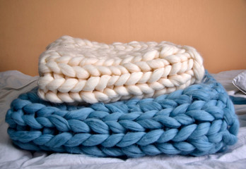 Hand Dyed white and blue Merino Wool , Merino wool handmade two knitted large blankets, super chunky yarn, trendy concept