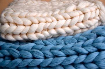 Hand Dyed white and blue Merino Wool , Merino wool handmade two knitted large blankets, super chunky yarn, trendy concept