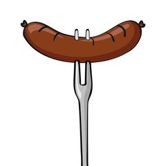 delicious BBQ sausage on a fork. white background