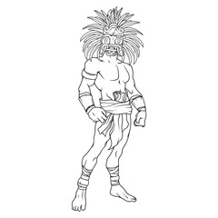 Outline of an ancient mayan warrior with amazing mask with feathers