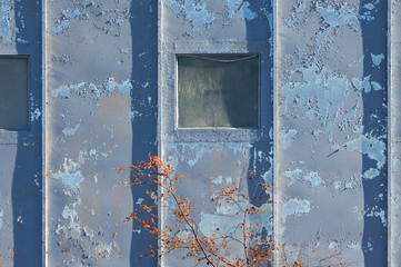 Blue wall with a square window. Old rough metal surface with peeling paint. Perfect for background and grunge design.