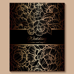 Antique royal luxury wedding invitation, gold on black background with frame and place for text, lacy foliage made of roses or peonies with shiny gradient