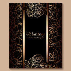 Antique royal luxury wedding invitation, gold on black background with frame and place for text, lacy foliage made of roses or peonies with shiny gradient