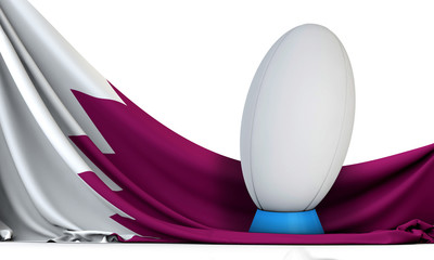 Qatar flag with rugby sport ball. 3D Rendering