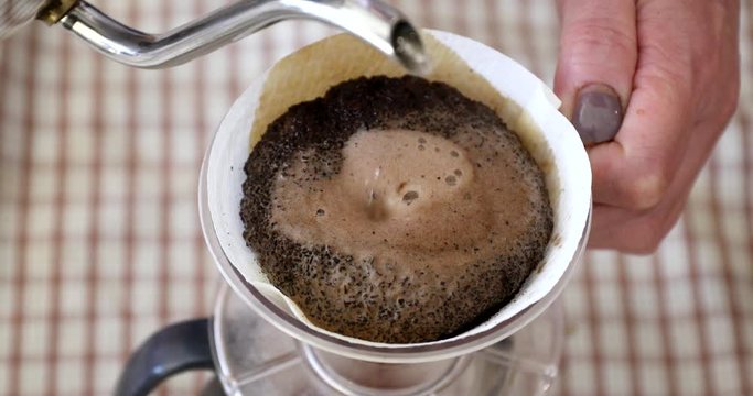 Barista pouring water on ground coffee in kono dripper : Hand Drip Coffee, Kono drip