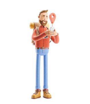 Cartoon character tourist stands with a large map pointer and phone in his hands. 3d illustration.
