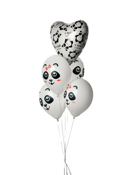 Bunch of white latex and metallic heart balloons composition with panda for birthday isolated on white