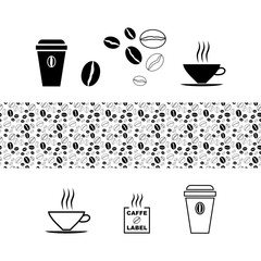 Coffee set. Cups, plastic cups, coffee beans, seamless pattern. Black and white vector isolated illustration.