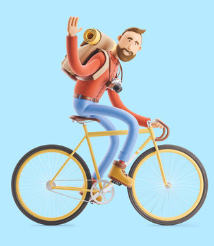 Cartoon character tourist ride on bicycle. 3d illustration.