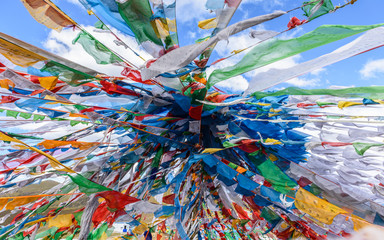 Colorful prayer flags at the Mila Mountain Pass (between the Lhasa Prefecture and the Nyingchi...
