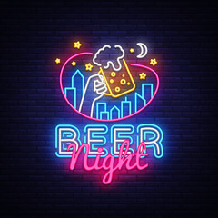 Beer neon sign vector. Beer Night Design template neon sign, light banner, neon signboard, nightly bright advertising, light inscription. Vector illustration