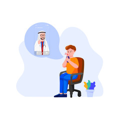 Online Doctor Concept, A Tootache Man Consulting To Dentist Vector Flat Illustration 