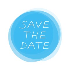 Save The Date handgeschrieben auf hellblauem Button