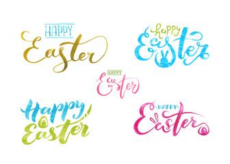 Lettering set Happy Easter. Modern brush calligraphy text. Ink illustration. Isolated on white background. Watercolor texture. Can be used on postcards, posters, web, logo and other.