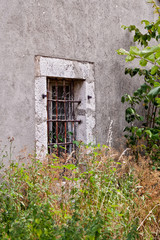 Fototapeta na wymiar Old barred overgrown window