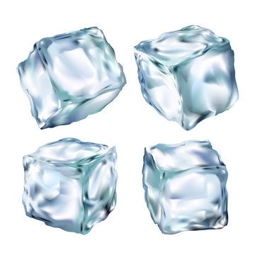 Ice cubes transparent 3d illustration realistic set. Water freeze Clip art for your design.