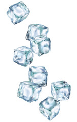 Ice cubes transparent 3d illustration realistic set. Water freeze Clip art for your design.