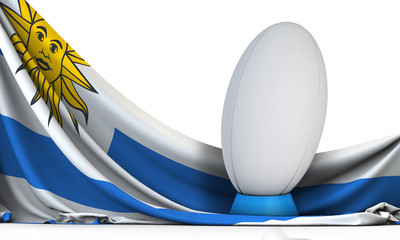 Uruguay flag with rugby sport ball. 3D Rendering
