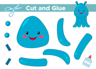 Education paper game for preschool kids. Create the applique cute cartoon alien. Cut and glue. Space theme. Vector illustration.