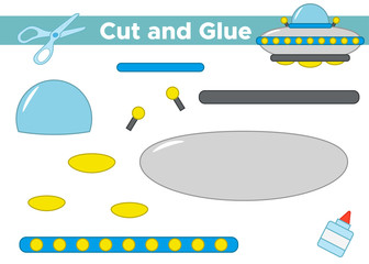 Education paper game for preschool kids. Create the applique cartoon UFO. Cut and glue. Space theme. Vector illustration.