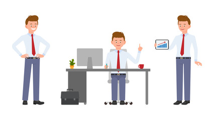 Young friendly office manager sitting at the desk, pointing finger, showing infographics. Cartoon character design of handsome man smiling, reporting, standing confidently emotional concept - Vector