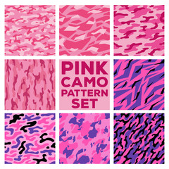 Pink camouflage patterns. Collection of 8 seamless pattern set. vector background illustration for banner, backdrop, web, fashion, surface design